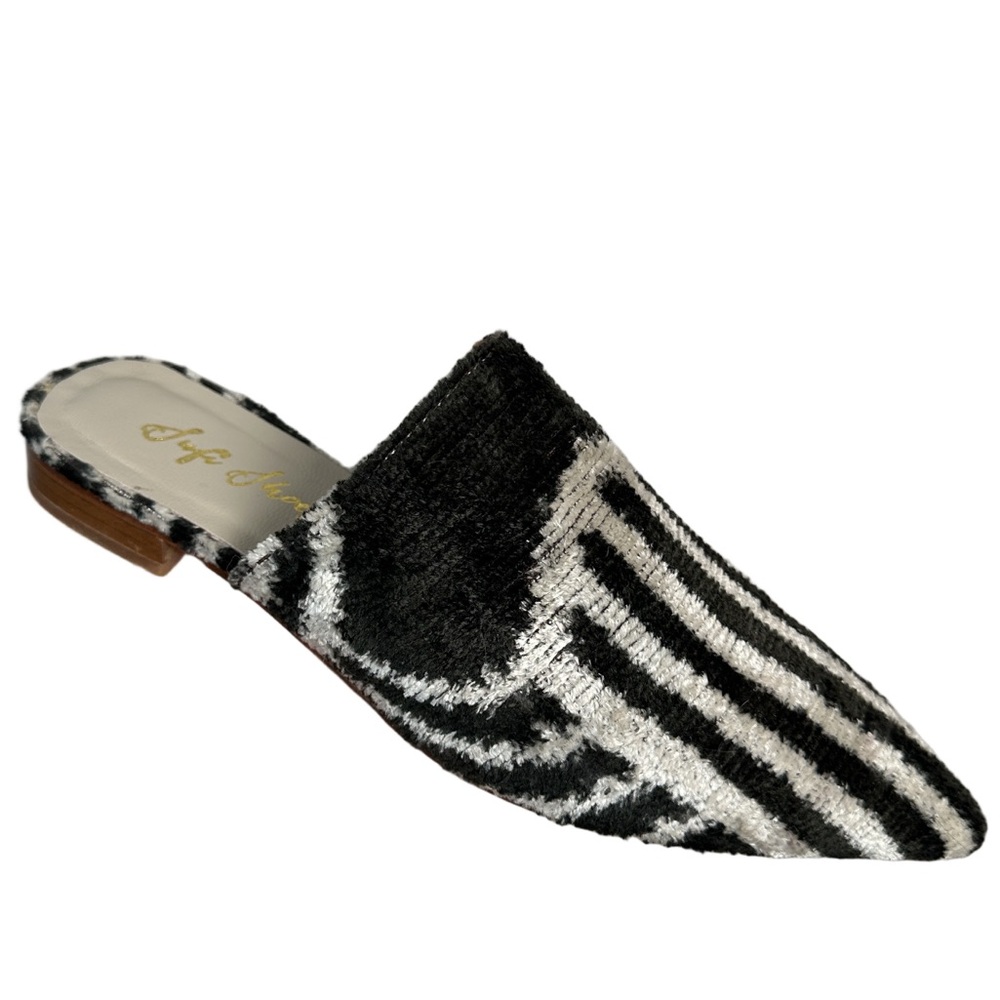 Sufi Shoes black white tapestry woven pointed mule slides slip on flat‎ loafer